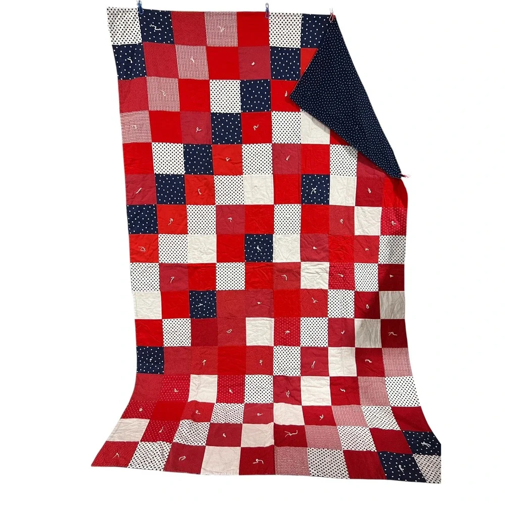 Handmade Reversible Red White Navy Patchwork Twin Quilt 52x82